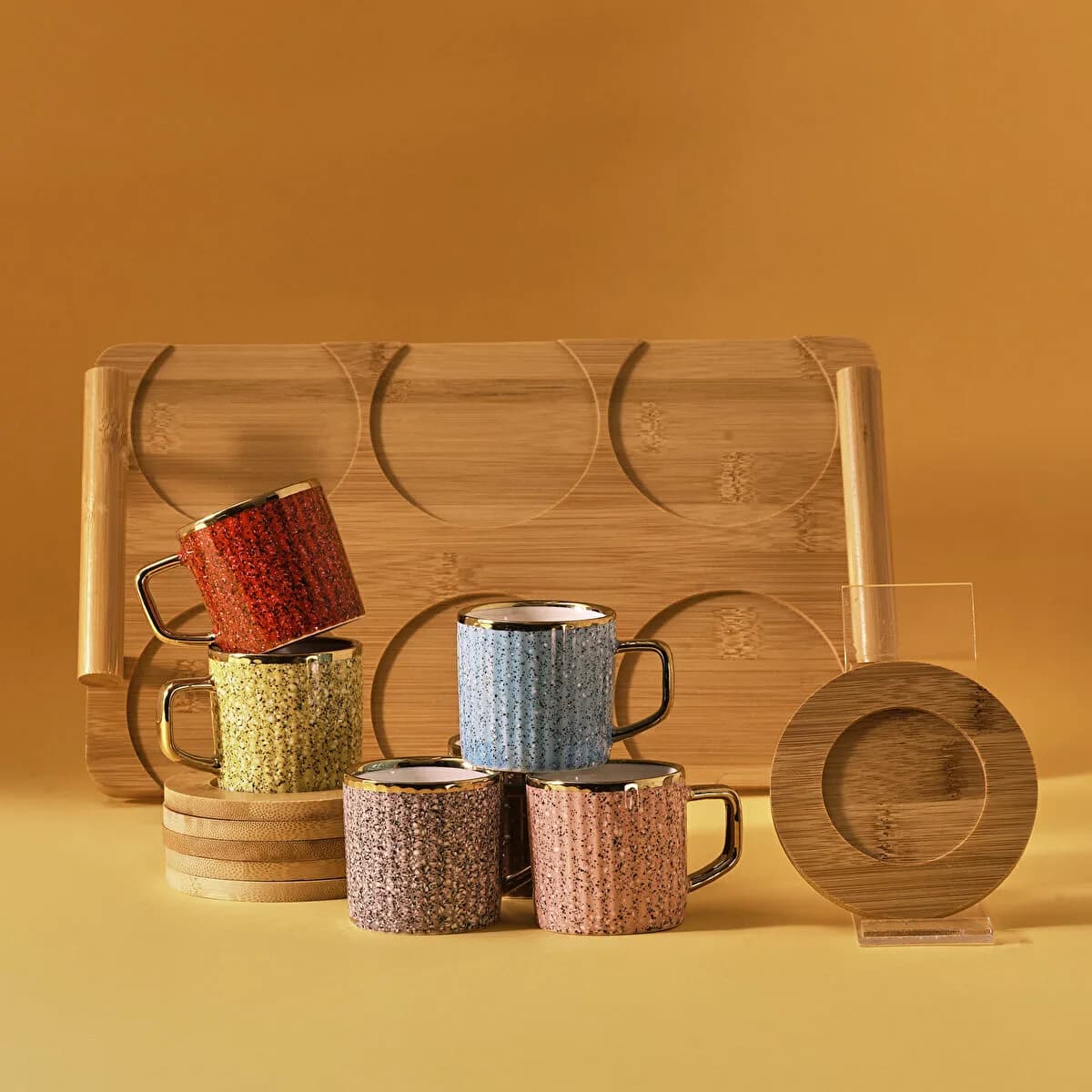 Karaca Colorful Coffee Cup Set for 6 Persons with Bamboo Tray 90 ml