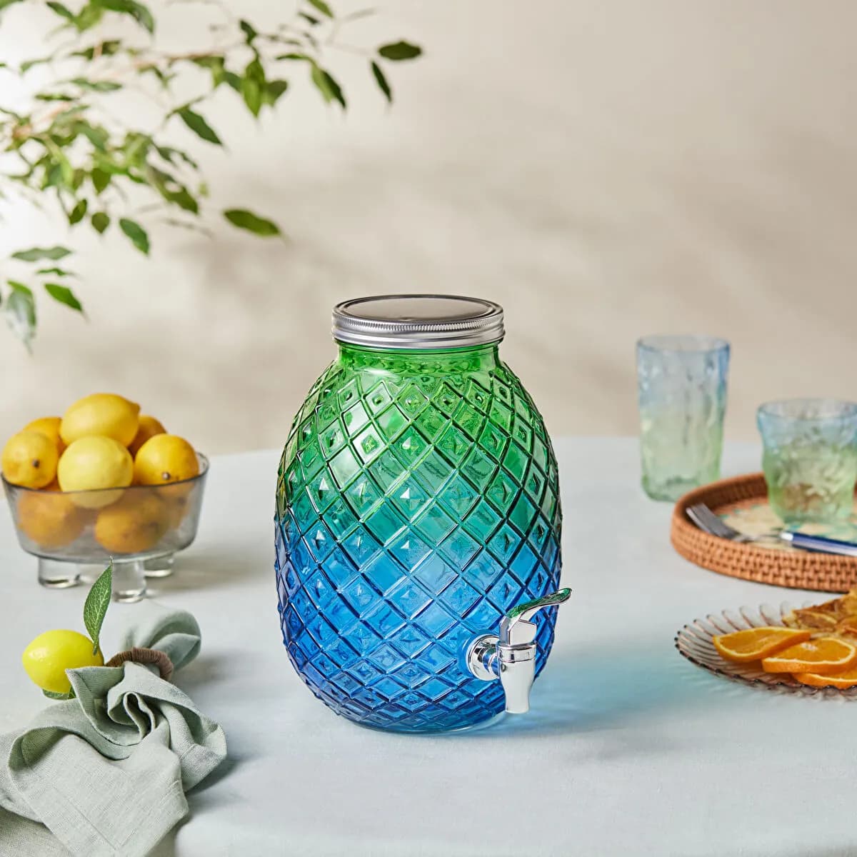 كاراجا ميلونتو موزع زجاجي بصنبور وغطاء (ديميجون) أزرق وأخضر 4650 مل